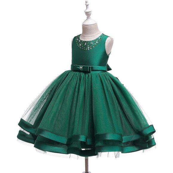 🆕Girl Dark Green Cotton Flower Ruffles Dress Vintage Wedding Bridesmaid Pageant - Picture 4 of 7